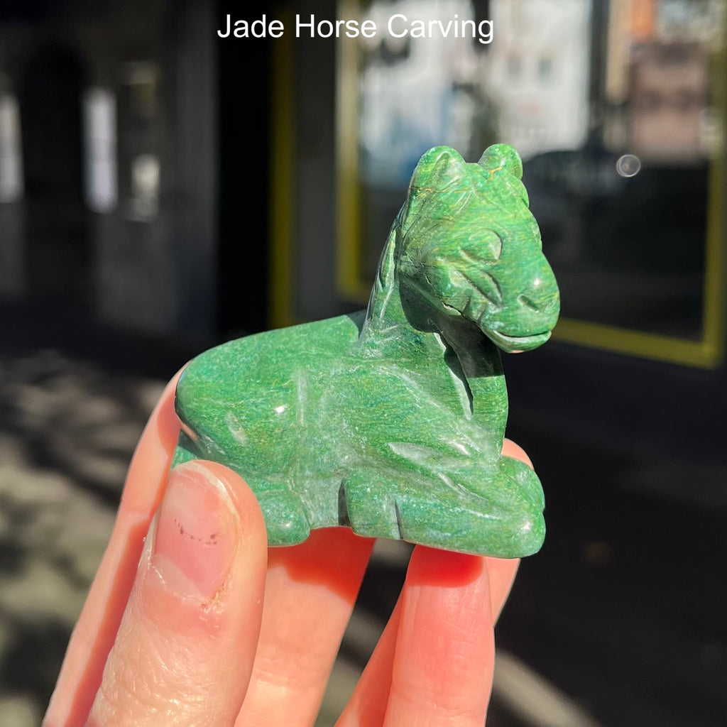 Spirit Horse Carving | Green Jade | Clear Quartz | Rose Quartz | Shaman Symbol | Crystal Heart Melbourne Australia since 1986