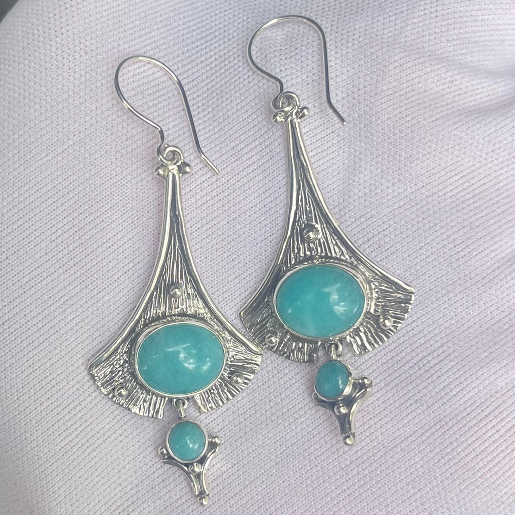 Amazonite Earrings  | Oval Cabochons | Bold balanced ethnic styling | 925 Sterling Silver | Well made | Genuine gems from Crystal Heart Melbourne Australia since 1986