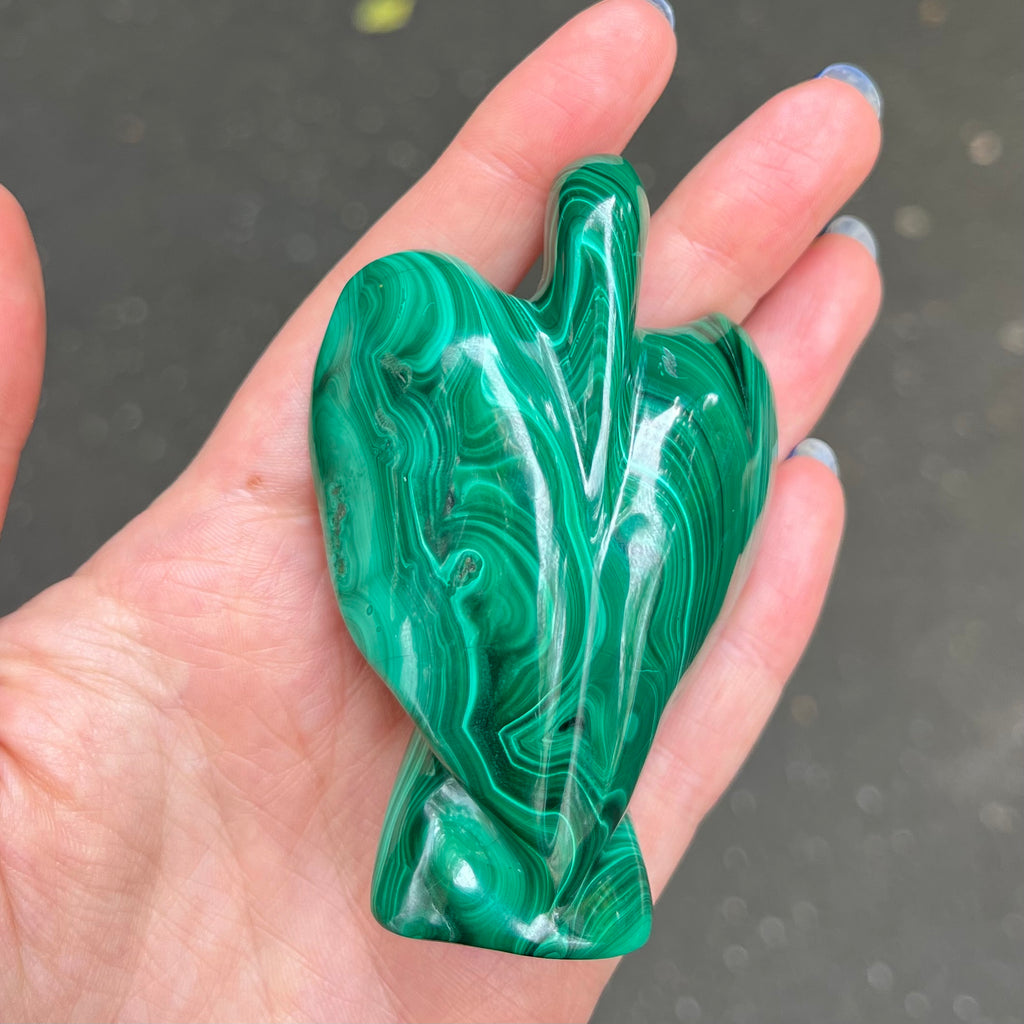 Malachite Angel Carving | Beautiful material from the Congo | Complex and fascinating swirls and rosettes | Pockets and caves sparkle with crystalline Malachite | Genuine Gems from Crystal Heart Melbourne Australia since 1986