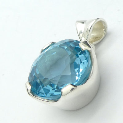 Blue Topaz Pendant | Large Flawless Sky Blue | Deep Faceted Round | 925 Sterling Silver | Hinged and Shaped Bail | Genuine Gems from Crystal Heart Melbourne Australia since 1986