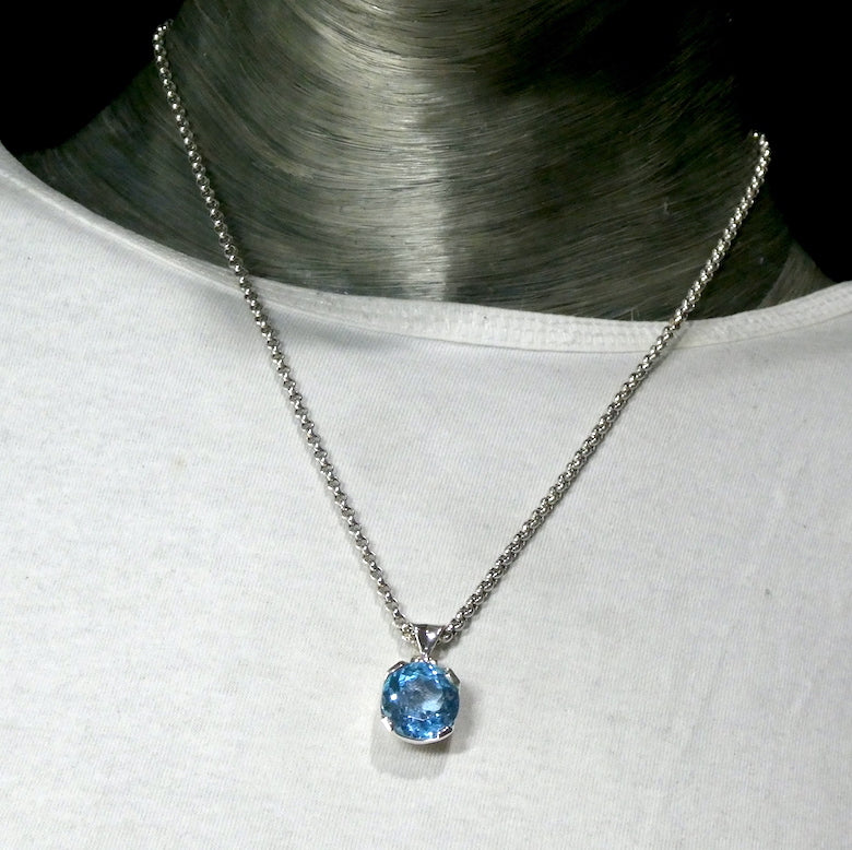 Blue Topaz Pendant | Large Flawless Sky Blue | Deep Faceted Round | 925 Sterling Silver | Hinged and Shaped Bail | Genuine Gems from Crystal Heart Melbourne Australia since 1986