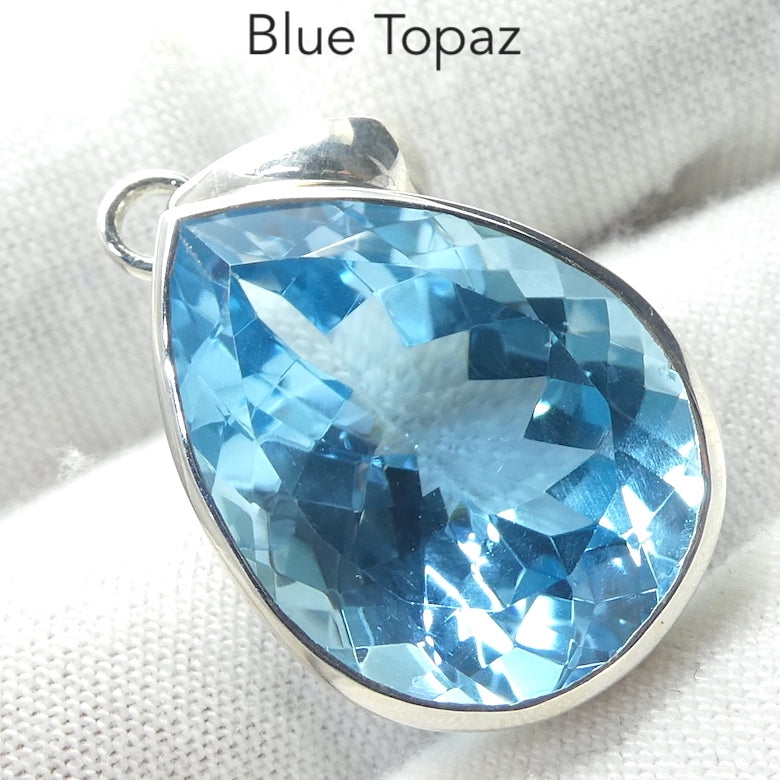 Blue Topaz Pendant | Large Flawless Sky Blue | Deep Faceted Teardrop | 925 Sterling Silver | Hinged and Shaped Bail | Genuine Gems from Crystal Heart Melbourne Australia since 1986
