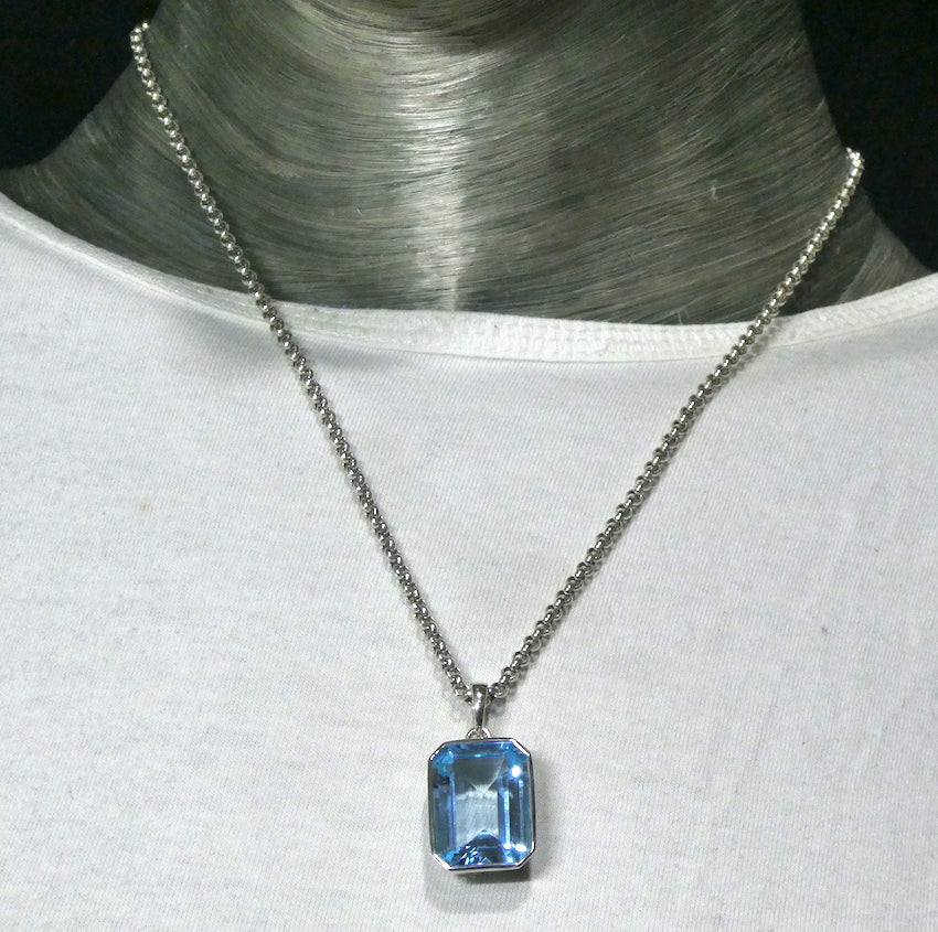Blue Topaz Pendant | Large Flawless Sky Blue | Deep Faceted Oblong Emerald Cut | 925 Sterling Silver | Genuine Gems from Crystal Heart Melbourne Australia since 1986