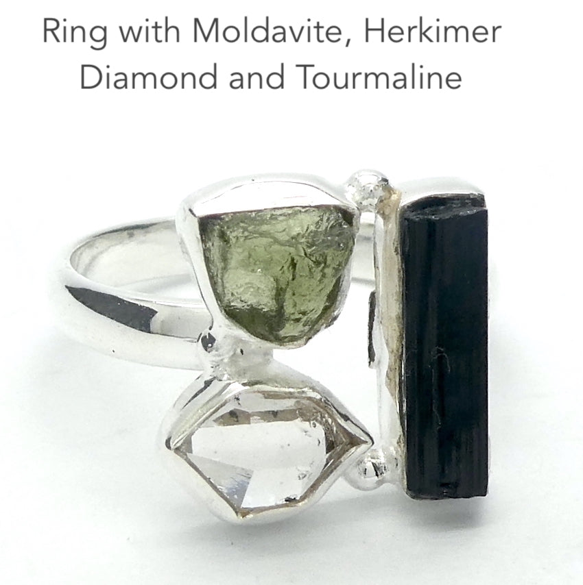Moldavite Ring with Herkimer Diamond and Back Tourmaline Crystlals | Open back | Natural Green Obsidian |  Cosmic Connection | CZ Republic | Intense Personal Heart Transformation | Clarity | Empowerment | Direction |Genuine Gems from Crystal Heart Melbourne Australia since 1986