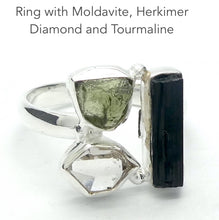 Load image into Gallery viewer, Moldavite Ring with Herkimer Diamond and Back Tourmaline Crystlals | Open back | Natural Green Obsidian |  Cosmic Connection | CZ Republic | Intense Personal Heart Transformation | Clarity | Empowerment | Direction |Genuine Gems from Crystal Heart Melbourne Australia since 1986