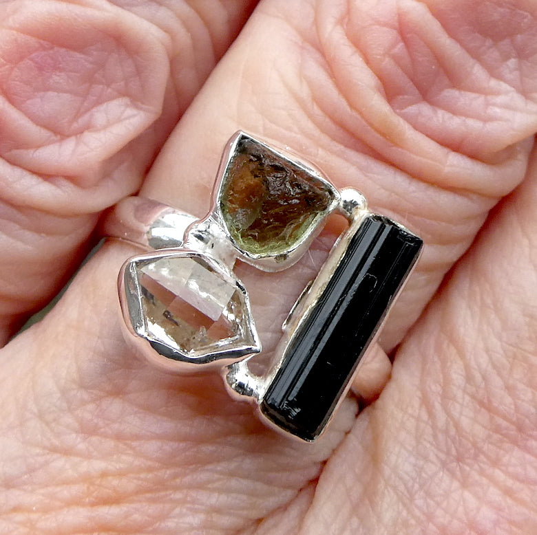 Moldavite Ring with Herkimer Diamond and Back Tourmaline Crystlals | Open back | Natural Green Obsidian |  Cosmic Connection | CZ Republic | Intense Personal Heart Transformation | Clarity | Empowerment | Direction |Genuine Gems from Crystal Heart Melbourne Australia since 1986