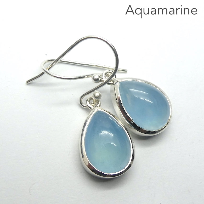 Aquamarine Earrings | Cabochon Teardrops | Bright 925 Sterling Silver Bezel Setting | Emotional uplifts calm and strength | Genuine Gemstones from Crystal Heart Melbourne Australia since 1986