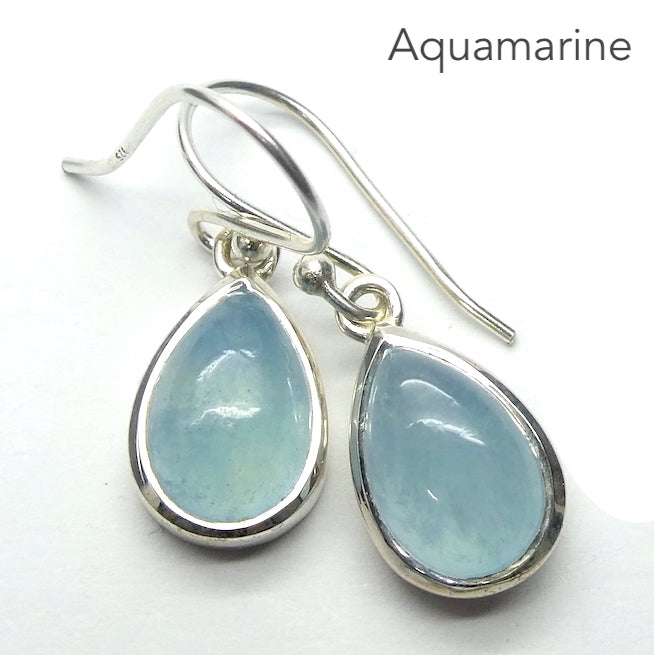 Aquamarine Earrings | Cabochon Teardrops | Bright 925 Sterling Silver Bezel Setting | Emotional uplifts calm and strength | Genuine Gemstones from Crystal Heart Melbourne Australia since 1986