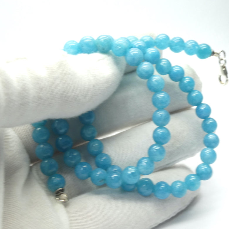 Aquamarine Necklace | 8 mm beads | Length 45 cms | 925 Sterling Silver Findings | Inclusions but Good Colour and Transparency | Genuine Gems from Crystal Heart Australia since 1986