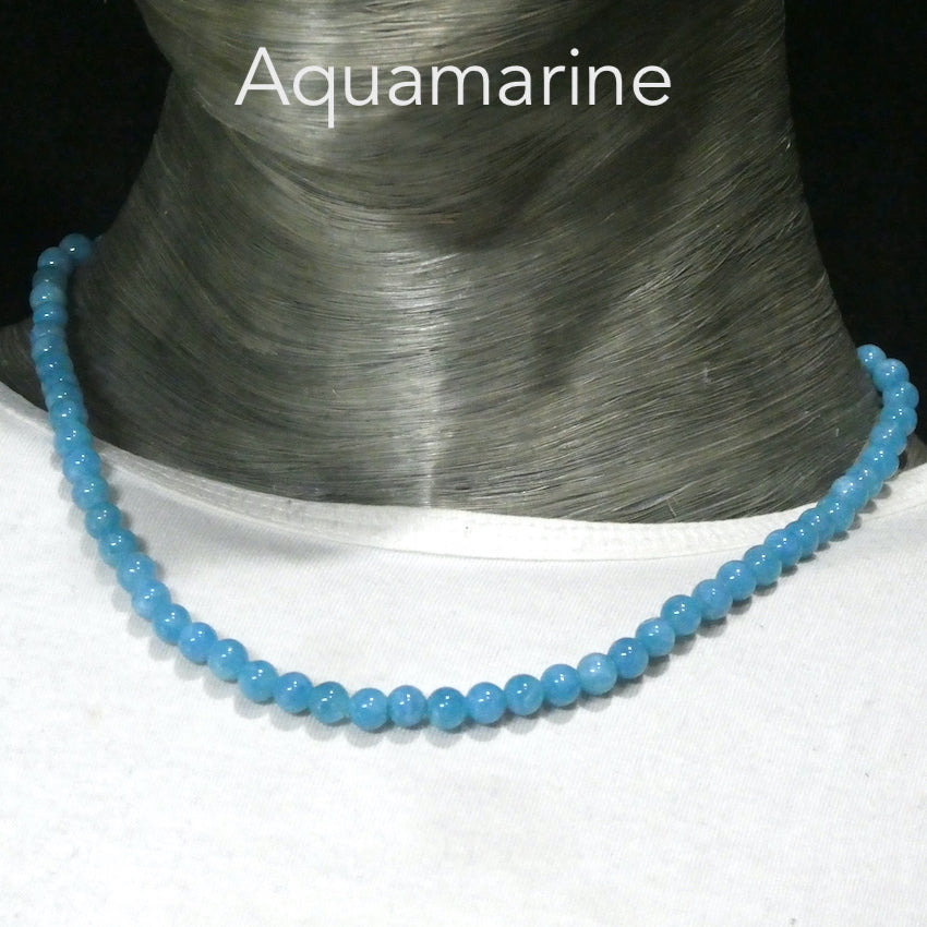 Aquamarine Necklace | 8 mm beads | Length 45 cms | 925 Sterling Silver Findings | Inclusions but Good Colour and Transparency | Genuine Gems from Crystal Heart Australia since 1986