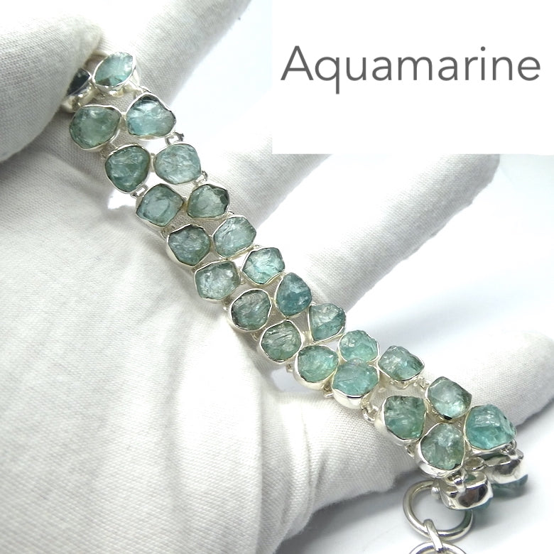 Aquamarine Raw Nuggets Bracelet | Bezel Set in a double line | Good blue green Colour and Transparency | Adjustable length | Genuine Gems from Crystal Heart Australia since 1986