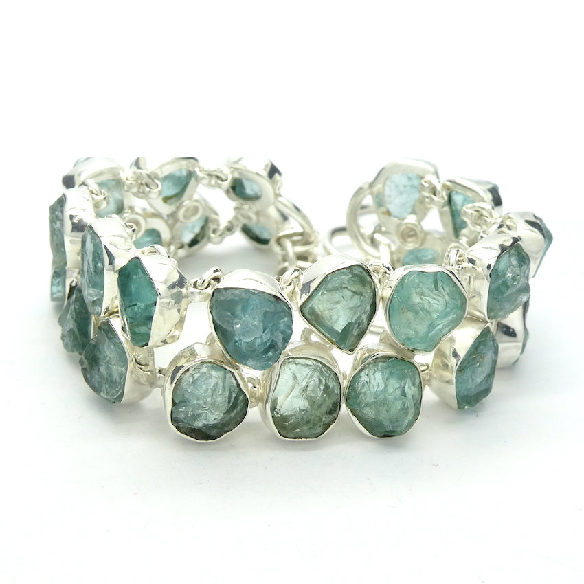 Aquamarine Raw Nuggets Bracelet | Bezel Set in a double line | Good blue green Colour and Transparency | Adjustable length | Genuine Gems from Crystal Heart Australia since 1986