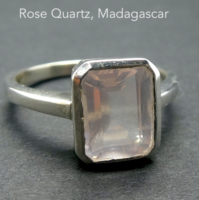 Rose Quartz Gemstone Ring | Faceted Emerald Cut | Super Clear Madagascar Material | 925 Sterling Silver | US Size 6, 7, 7,5, 8.5 | Star Stone Taurus Libra  | Genuine Gemstones from Crystal Heart Melbourne since 1986 