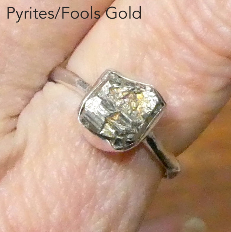 Raw Crystals of Iron Pyrites Nugget Ring | AKA Fools Gold | Authentic NaturalLook | 925 Sterling Silver | Simple Setting Organic Band Open Back | Protective shield for Heart | Practical Intuition | US Size 9 | AUS Size R1/2  Genuine Gems from  Crystal Heart Melbourne Australia since 1986