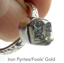 Load image into Gallery viewer, Raw Crystals of Iron Pyrites Nugget Ring | AKA Fools Gold | Authentic NaturalLook | 925 Sterling Silver | Simple Setting Organic Band Open Back | Protective shield for Heart | Practical Intuition | US Size 9 | AUS Size R1/2  Genuine Gems from  Crystal Heart Melbourne Australia since 1986
