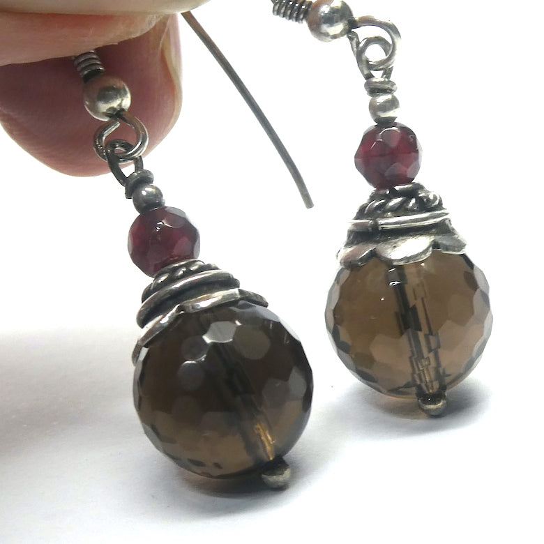 Smoky Quartz Earrings | 10 mm Faceted Bead | Ruby Red Garnet | 925 Sterling Silver Hooks and Findings | Grounding | Emotionally Healing | Spiritual Empowerment | Genuine Gems from Crystal Heart Melbourne Australia since 1986 | Aka Cairngorm Stone or Morion