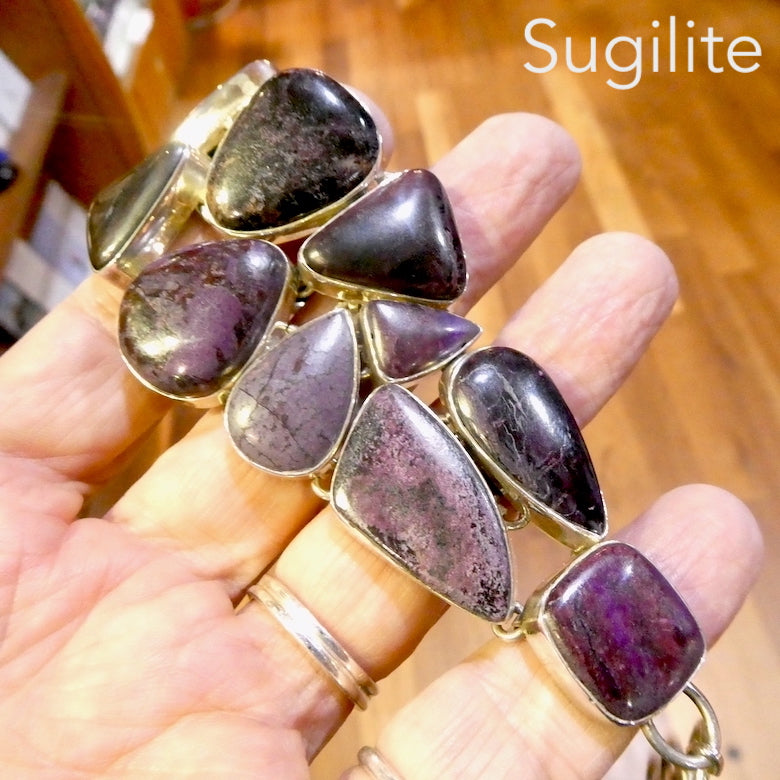Sugilite Bracelet | 13 large Freeform Cabochons | 925 Sterling Silver | Genuine S. African Natural Stone | Activate Spiritual Vision | Genuine Gems from Crystal Heart Melbourne Australia since 1986 | AKA Allura or Royal Azel