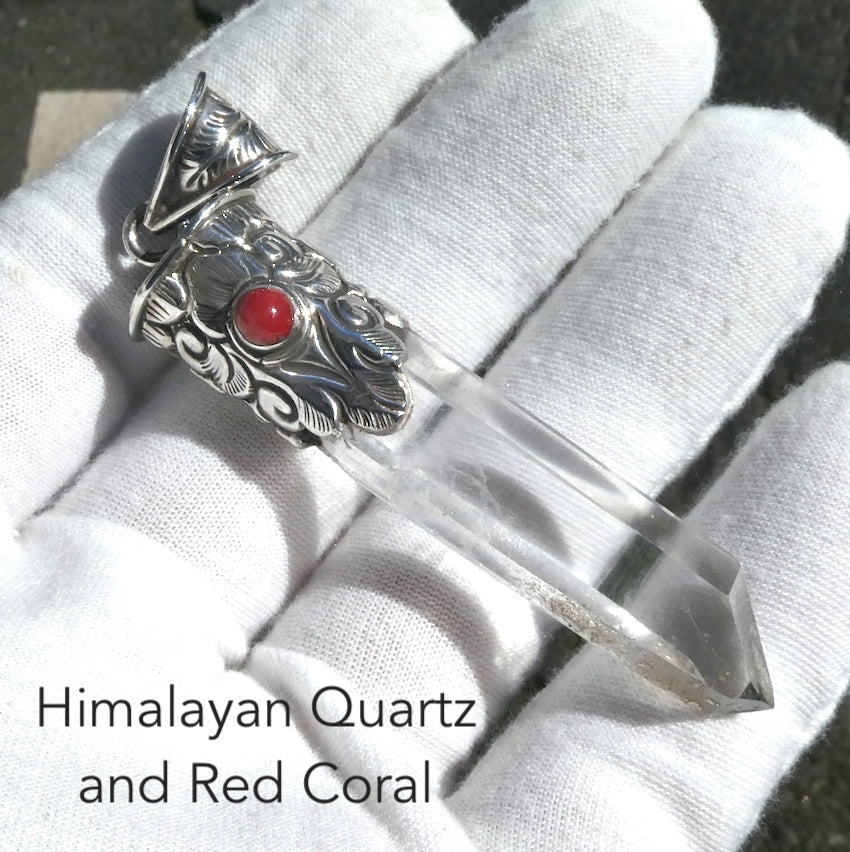 Himalayan Quartz Crystal Pendant | Red Coral bead | 925 Sterling Silver  | Himalayan hand crafting | Nepali | Tibetan Buddhist Patterns | Genuine Gems from Crystal Heart Melbourne Australia since 1986
