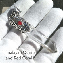 Load image into Gallery viewer, Himalayan Quartz Crystal Pendant | Red Coral bead | 925 Sterling Silver  | Himalayan hand crafting | Nepali | Tibetan Buddhist Patterns | Genuine Gems from Crystal Heart Melbourne Australia since 1986
