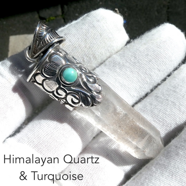 Himalayan Quartz Crystal Pendant | Turquoisel bead | 925 Sterling Silver  | Himalayan hand crafting | Nepali | Tibetan Buddhist Patterns | Genuine Gems from Crystal Heart Melbourne Australia since 1986