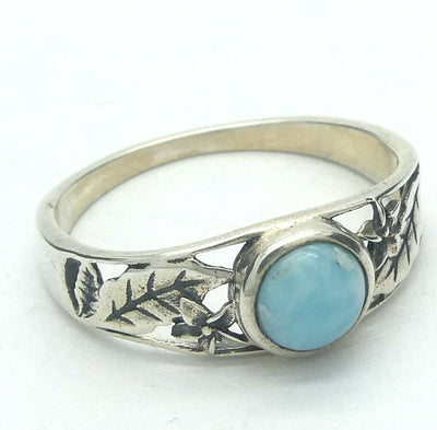 Larimar Ring | 925 Sterling Silver | Cabochon | Petite | Leaf Pattern | US Size 6 | 6.75 | 8 | 8.5 |  Dominican Republic Caribbean | Leo Stone | Pectolite Variety | Oceanic Sky Blue with White Couds | Genuine Gems from Crystal Heart Melbourne Australia since 1986