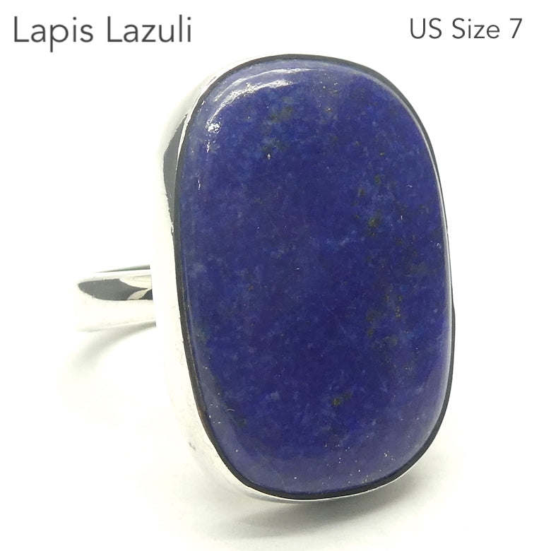 Lapis Lazuli Ring | Large Oblong Cabochon | Perfect Blue Consistent Colour |  Golden flecks of Pyrites | Bezel Set | 925 Sterling Silver | Open Back | US Ring Size 7 | Messenger of the Gods | Meditation | Inner 