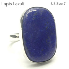 Load image into Gallery viewer, Lapis Lazuli Ring | Large Oblong Cabochon | Perfect Blue Consistent Colour |  Golden flecks of Pyrites | Bezel Set | 925 Sterling Silver | Open Back | US Ring Size 7 | Messenger of the Gods | Meditation | Inner 