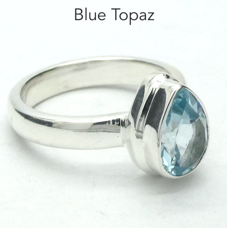 Blue Topaz Ringt | Sparkling Faceted Teardrop | Bright 925 Sterling Silver | Solid Bezel setting | Open Backs | US Size 6.75 | AUS Size N | Genuine Gems from Crystal Heart Melbourne Australia since 1986