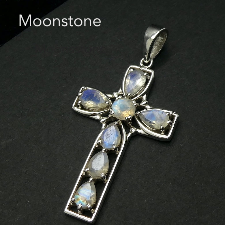 Cross Pendant | Medium Size | Seven 7 Gemstones | 925 Sterling Silver | Amethyst | Ruby | Moonstone | Topaz | Genuine Gems from Crystal Heart Melbourne Australia since 1986