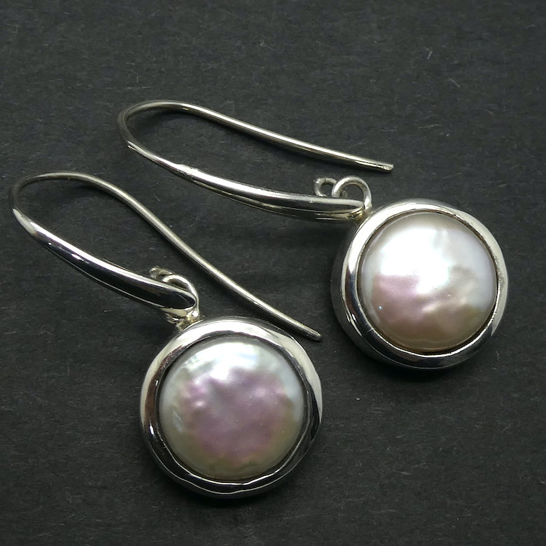 Baroque Button  Pearl Earrings | 925 Sterling Silver | Lovely Lustre | Superior Bezel setting with custom hooks | Genuine Gems from Crystal Heart Melbourne Australia since 1986