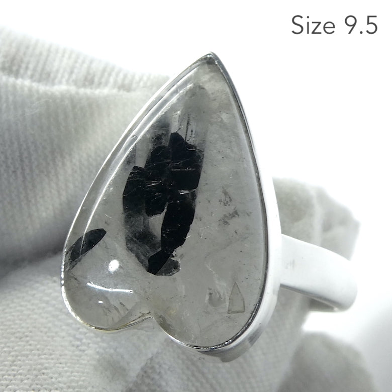 Black Tourmaline in Clear Quartz Ring | Heart Shaped Cabochon | Natural | US Size 7.5, 8, 9, 9.5 | 925 Sterling Silver | Genuine gems from Crystal Heart Melbourne Australia since 1986