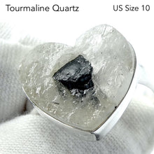 Load image into Gallery viewer, Black Tourmaline in Clear Quartz Ring | Heart Shaped Cabochon | Raw Unpolished surface | Natural | US Size 10 | AUS Size T1/2 | 925 Sterling Silver | Genuine gems from Crystal Heart Melbourne Australia since 1986