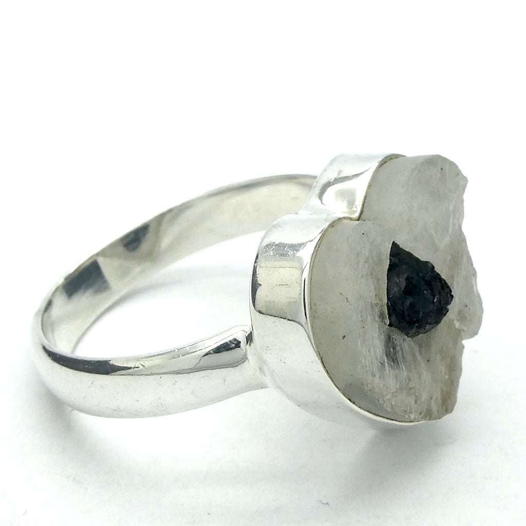 Black Tourmaline in Clear Quartz Ring | Heart Shaped Cabochon | Raw Unpolished surface | Natural | US Size 10 | AUS Size T1/2 | 925 Sterling Silver | Genuine gems from Crystal Heart Melbourne Australia since 1986