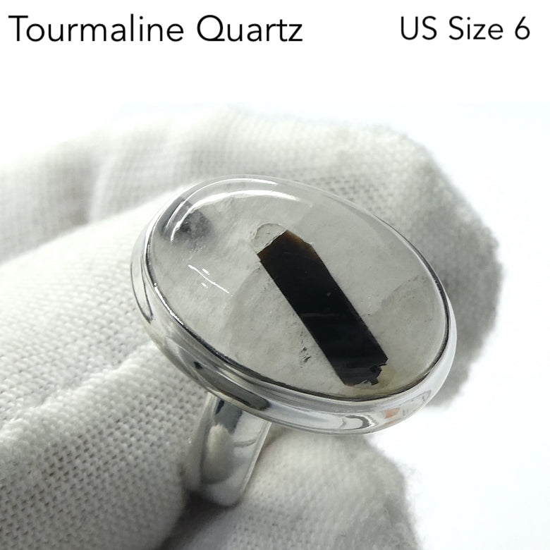 Black Tourmaline in Clear Quartz Ring | Oval Cabochon | Natural | US Size 6 | AUS Size L1/2 | 925 Sterling Silver | Genuine gems from Crystal Heart Melbourne Australia since 1986