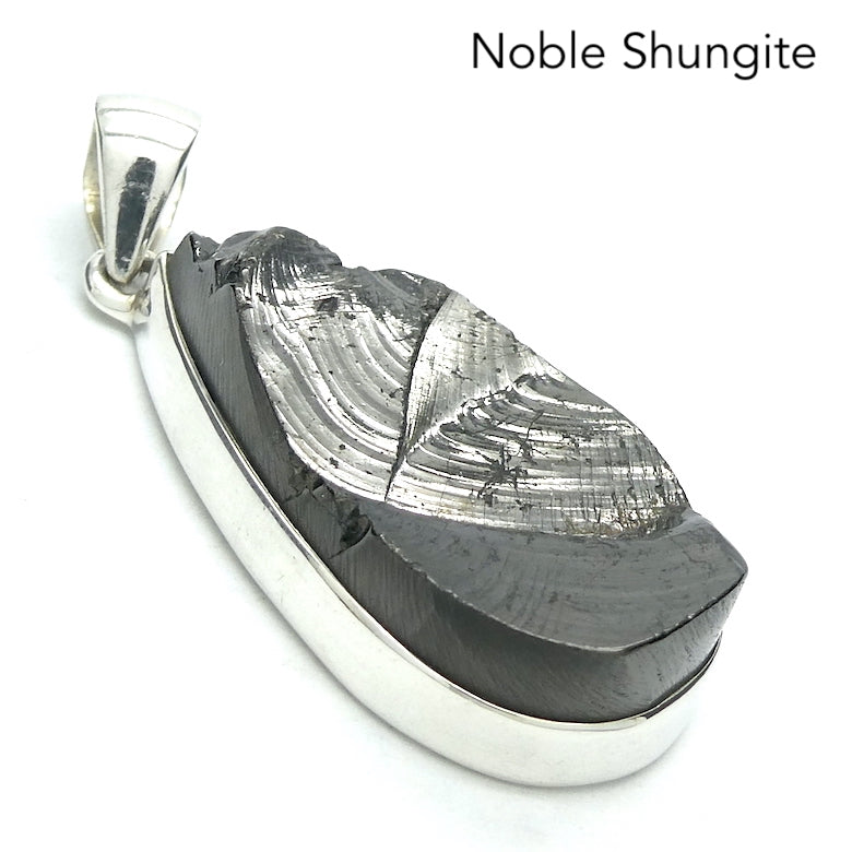 Noble Shungite Pendant | Raw Unpolished Teardrop | 925 Sterling Silver | Major Healing Stone | Fullerenes and Buckyballs | Purify Water | Channel Calm Healing Universal Energy | Protect from EMFs | Genuine Gems from Crystal Heart Melbourne Australia since 1986