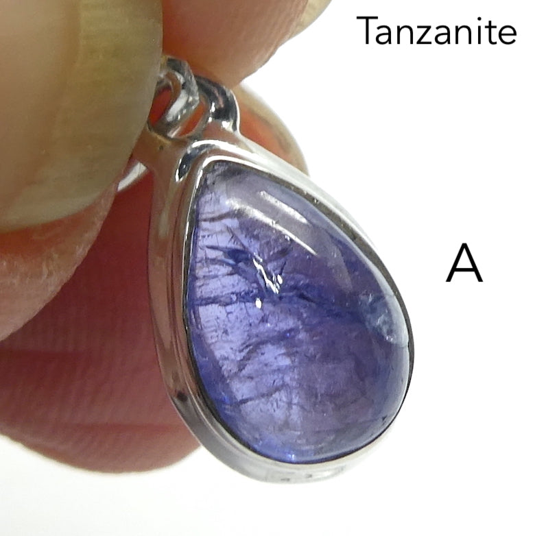 Tanzanite Gemstone Pendant  | Small Teardrop Cabochon | Bezel Set | Open Back | Nice blue violet | Good Transparency | Fascinating Veils | inclusions | 925 Sterling Silver | Achieve your spiritual potential  | Genuine Gems from Crystal Heart Melbourne since 1986