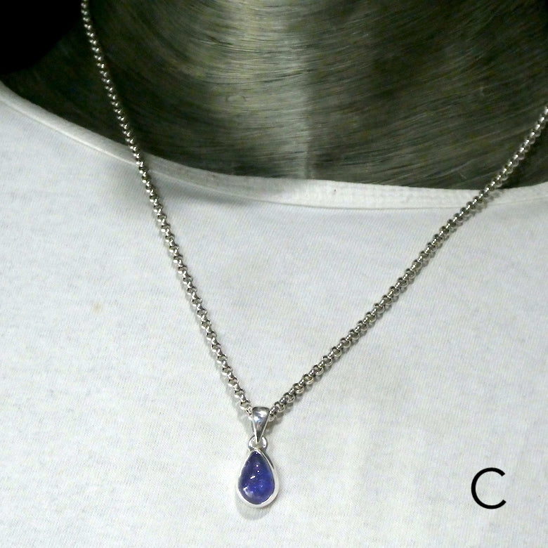 Tanzanite Gemstone Pendant  | Small Teardrop Cabochon | Bezel Set | Open Back | Nice blue violet | Good Transparency | Fascinating Veils | inclusions | 925 Sterling Silver | Achieve your spiritual potential  | Genuine Gems from Crystal Heart Melbourne since 1986