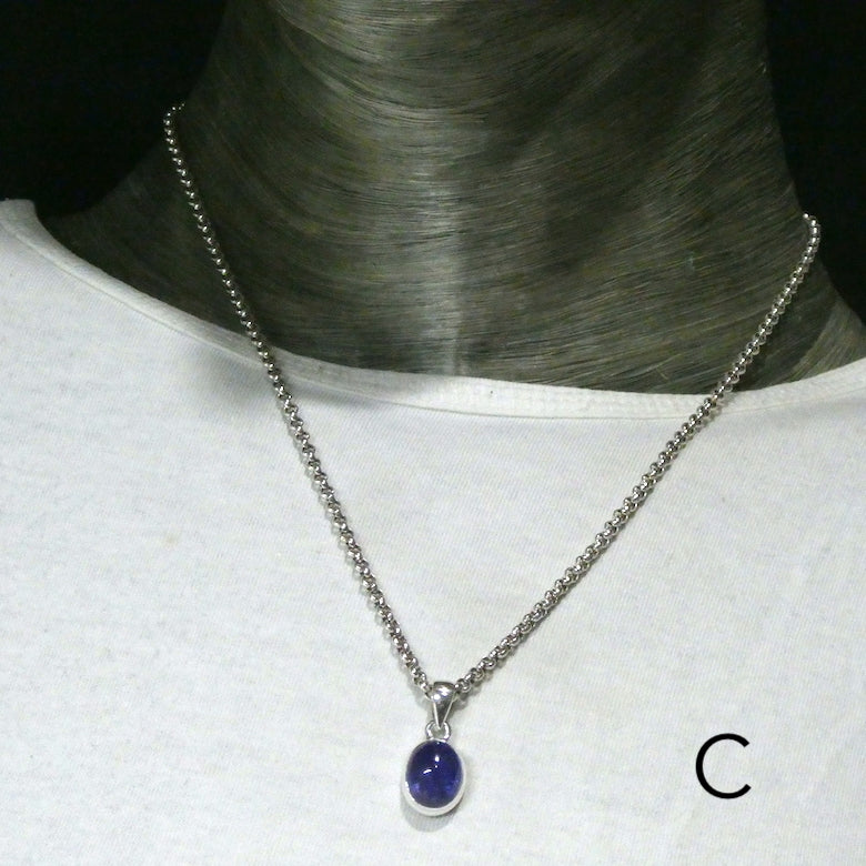 Tanzanite Gemstone Pendant  | Small Oval Cabochon | Bezel Set | Open Back | Nice blue violet | Good Transparency | Fascinating Veils | inclusions | 925 Sterling Silver | Achieve your spiritual potential  | Genuine Gems from Crystal Heart Melbourne since 1986