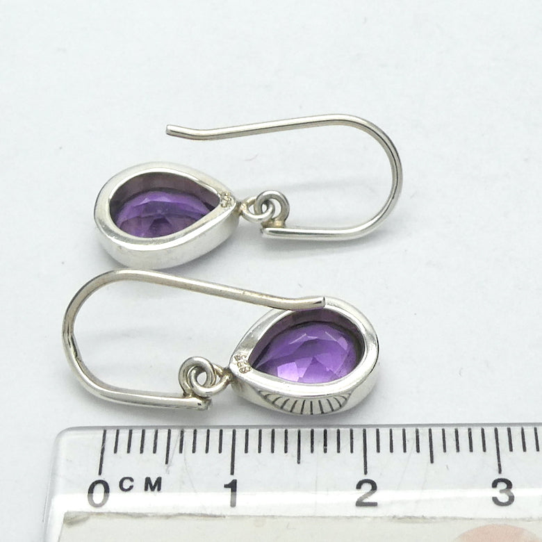 Amethyst Earrings | Faceted Teardrops | Perfect Purple | 925 Sterling Silver |  Solid bezel Set | Open Back | Secure Custom Hooks | Genuine Gems from Crystal Heart Australia since 1986