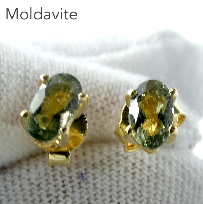 Moldavite Stud Earring | 925 Sterling Silver | 18K Gold Plate Vermeil | Claw Set | Faceted Ovals |Open back | Green Obsidian | CZ Republic | Intense Personal Heart Transformation | Scorpio Stone | Genuine Gems from Crystal Heart Melbourne Australia since 1986