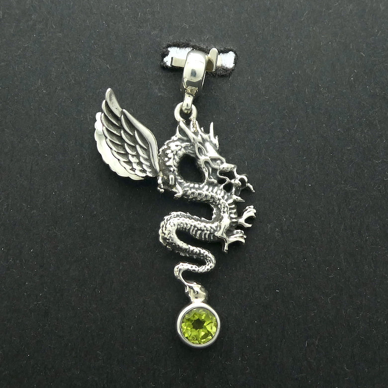 Dragon Peridot Gemstone Pendant | Round Faceted Stone | Good Colour and transparency | 925 Sterling Silver | Serpentine Body | Genuine Gems from Crystal Heart Melbourne Australia since 1986