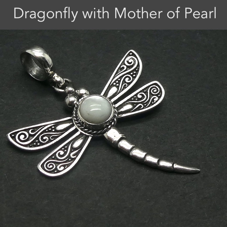 Dragonfly Pendant | 925 Sterling Silver | Lovely Detail |Mother of Pearl | Round Cabochon |  Genuine Gems from Crystal Heart Melbourne Australia since 1986