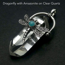 Load image into Gallery viewer, Dragonfly Pendant | 925 Sterling Silver | Lovely Detail | Amazonite | Round Cabochon |  Clear Quartz double termination | Genuine Gems from Crystal Heart Melbourne Australia since 1986