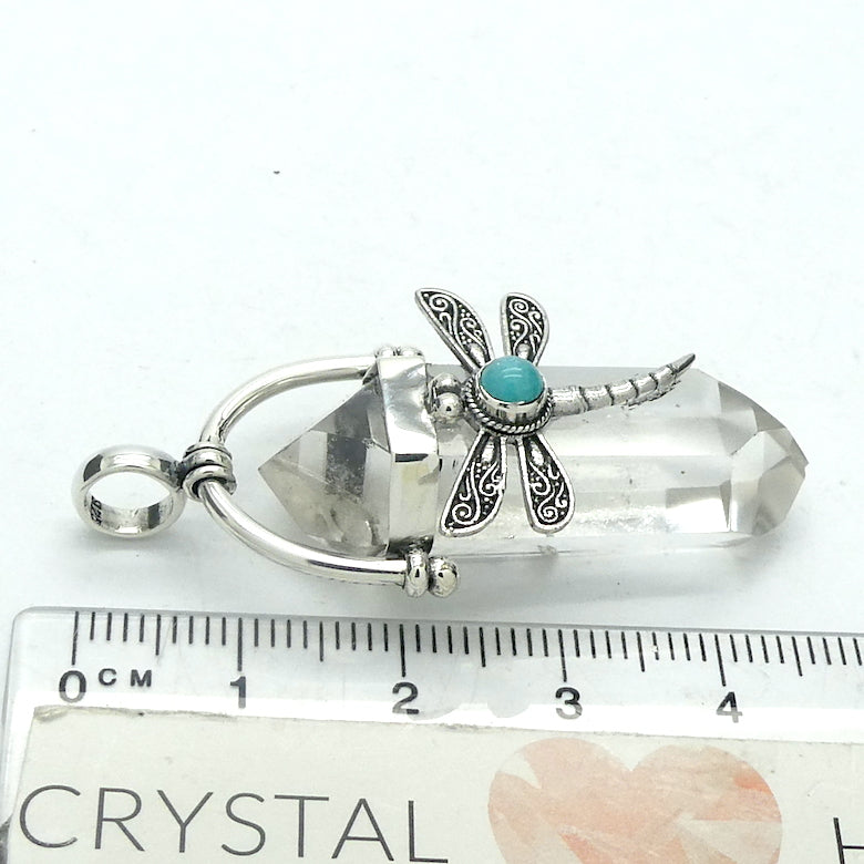 Dragonfly Pendant | 925 Sterling Silver | Lovely Detail | Amazonite | Round Cabochon |  Clear Quartz double termination | Genuine Gems from Crystal Heart Melbourne Australia since 1986