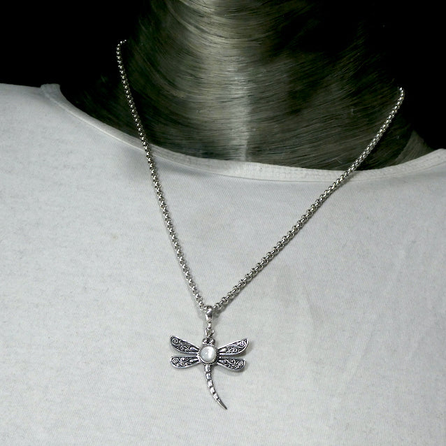 Dragonfly Pendant | 925 Sterling Silver | Lovely Detail |Mother of Pearl | Round Cabochon |  Genuine Gems from Crystal Heart Melbourne Australia since 1986