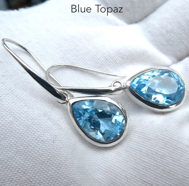 Blue Topaz  Earrings | Large Flawless Faceted Teardrops | sky to swiss  Blue | 925 Sterling Silver | Bezel Set |  Genuine Gems from Crystal Heart Melbourne Australia since 1986
