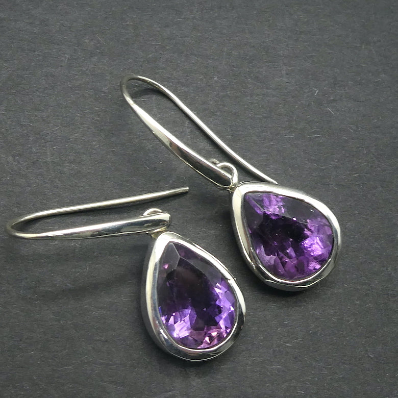 Amethyst Earrings | Large Faceted Teardrops | Perfect Purple | 925 Sterling Silver |  Solid bezel Set | Open Back | Secure Custom Hooks | Genuine Gems from Crystal Heart Australia since 1986