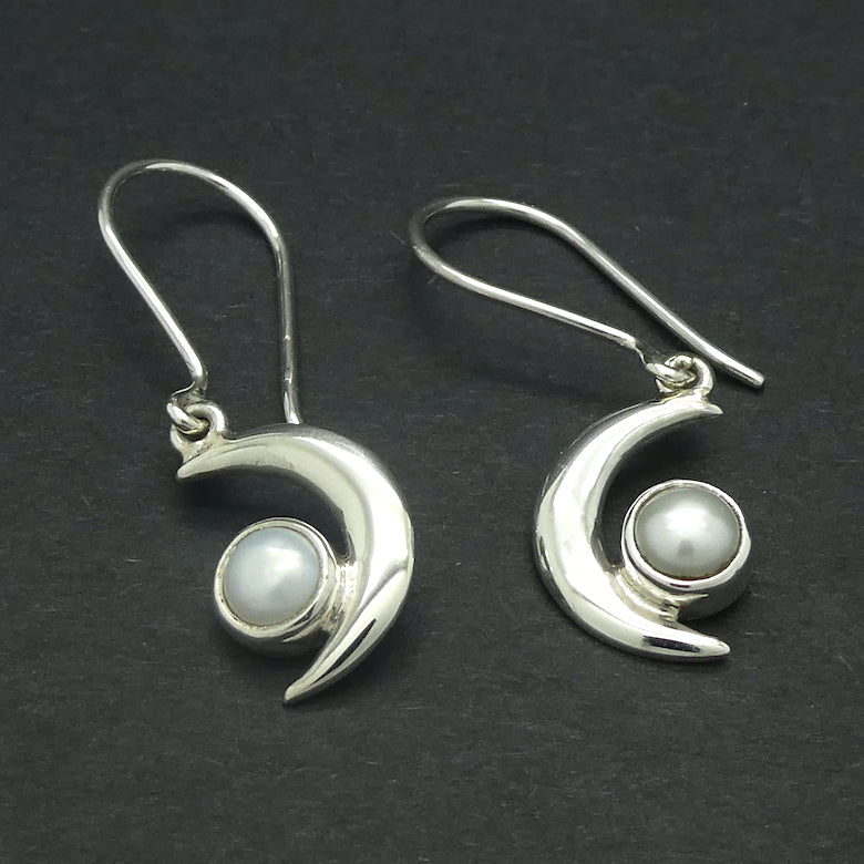 Freshwater Pearl Earrings  | 925 Sterling Silver | small round pearl, bezel set | Embraced by a Silver Crescent Moon |  Genuine Gems from Crystal Heart Melbourne Australia since 1986