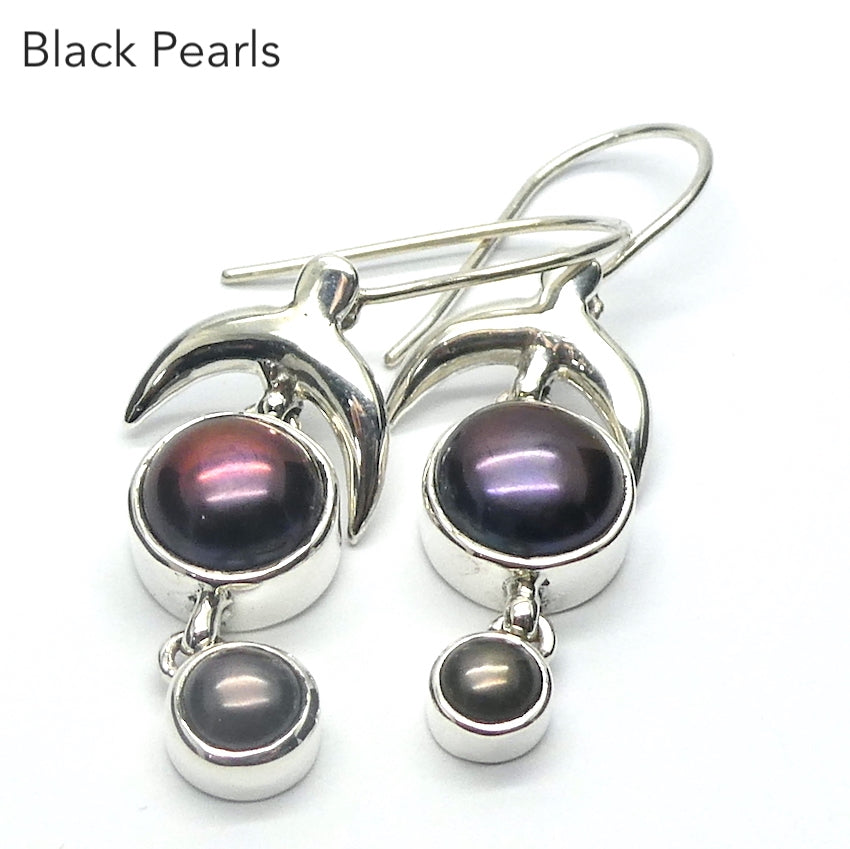 Freshwater Black Pearl Earrings  | 925 Sterling Silver | Large Round over smaller one | Fantastic iridescence | Topped by a soaring bird | Genuine Gems from Crystal Heart Melbourne Australia since 1986