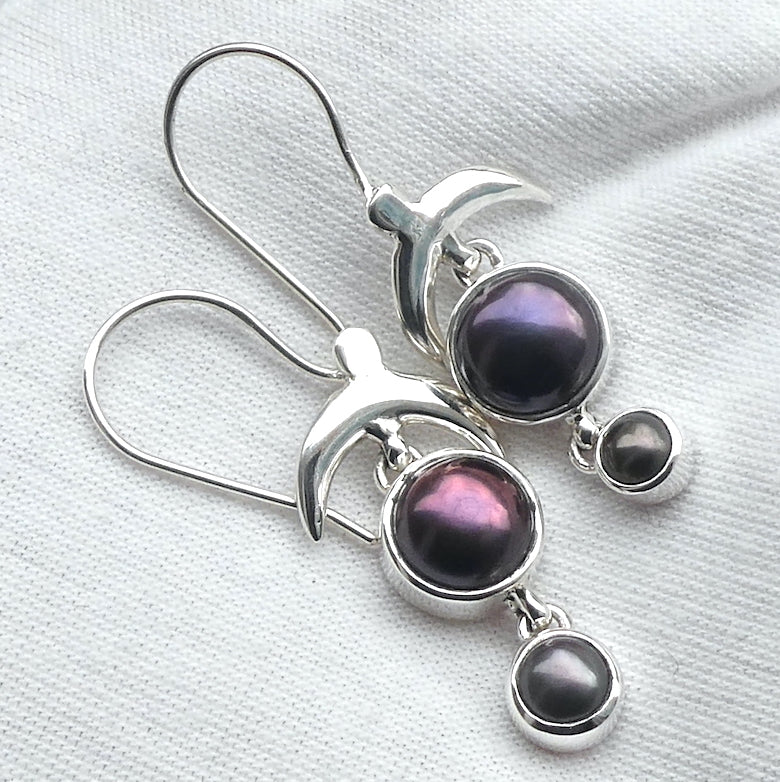 Freshwater Black Pearl Earrings  | 925 Sterling Silver | Large Round over smaller one | Fantastic iridescence | Topped by a soaring bird | Genuine Gems from Crystal Heart Melbourne Australia since 1986